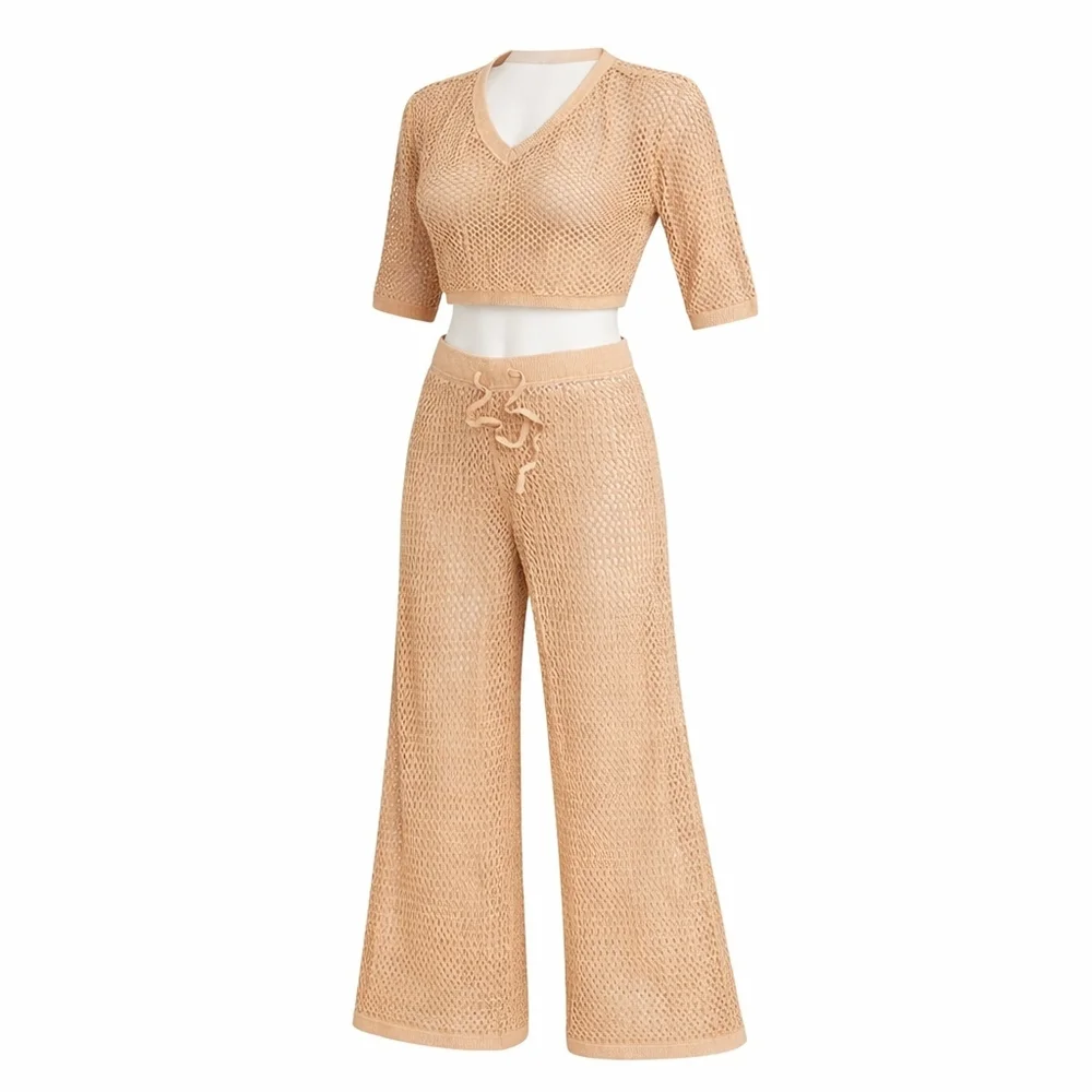 Women's 2 Piece Crochet Swimsuit Cover Up Crop Top Drawstring Long Pants - NWOT - Picture 2 of 3